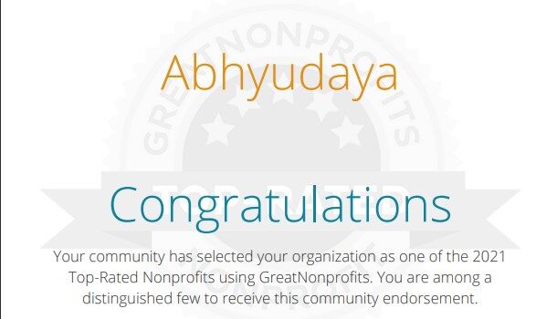 Abhyudaya Awarded as the top-rated Non-profit Organizations by GreatNonprofits